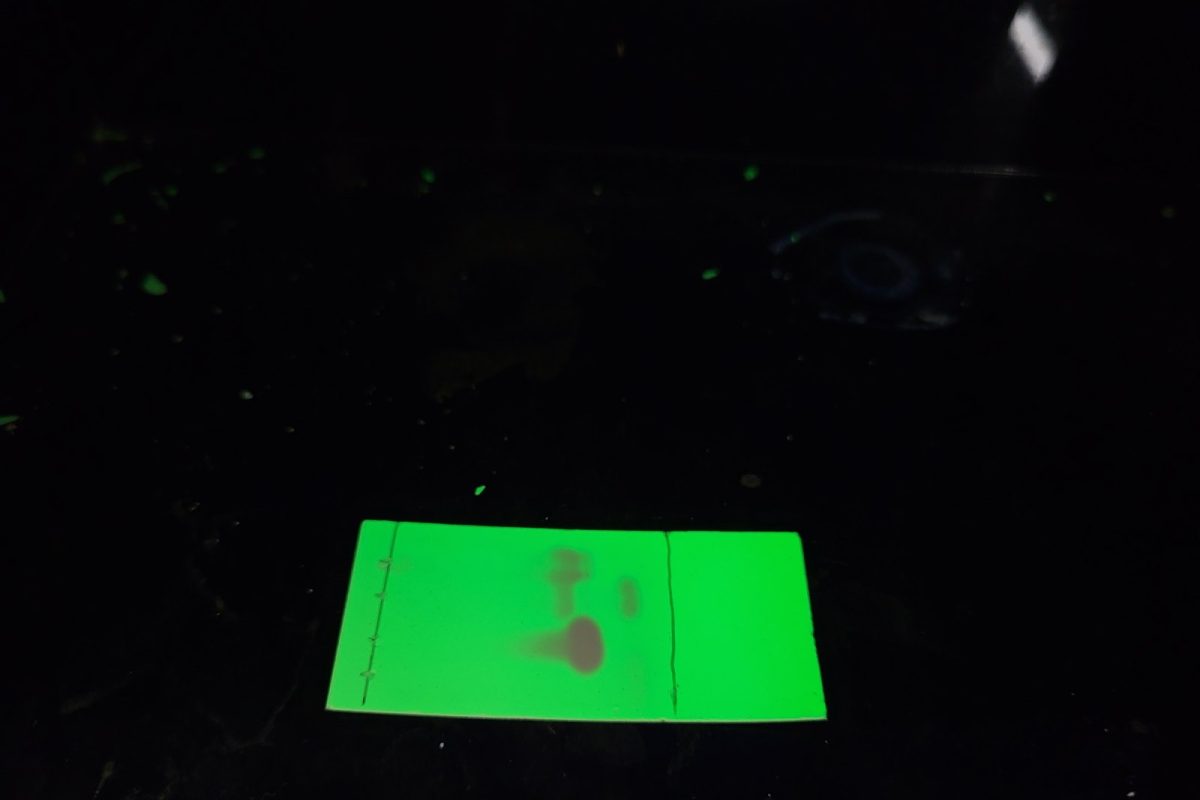 Placa de cromatografía en capa fina bajo luz ultravioleta, mostrando las manchas de los compuestos separados