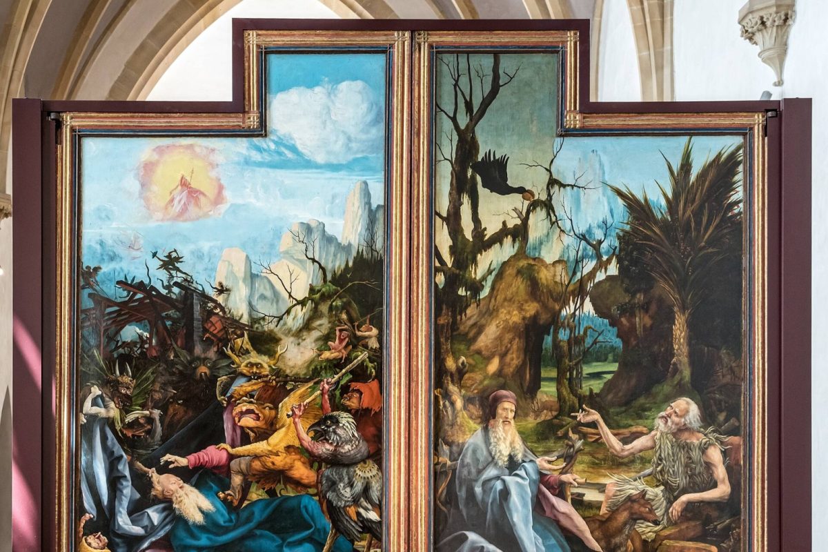 Panel pintado del Retablo de Isenheim de Grünewald, con la tentación de San Antonio y un enfermo aquejado del 'fuego de San Antonio'