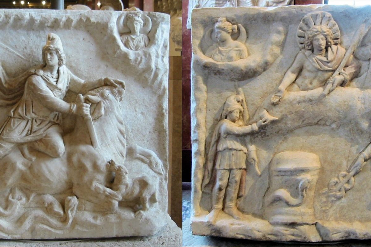 Relieve de mármol romano bicara con la escena de Mitra sacrificando al toro, propia de los cultos mistéricos