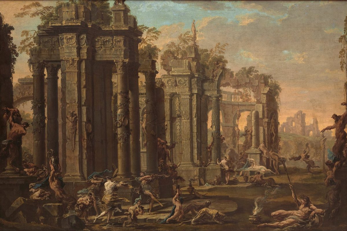 Pintura clásica de una bacanal con figuras entre columnas y ruinas romanas al atardecer