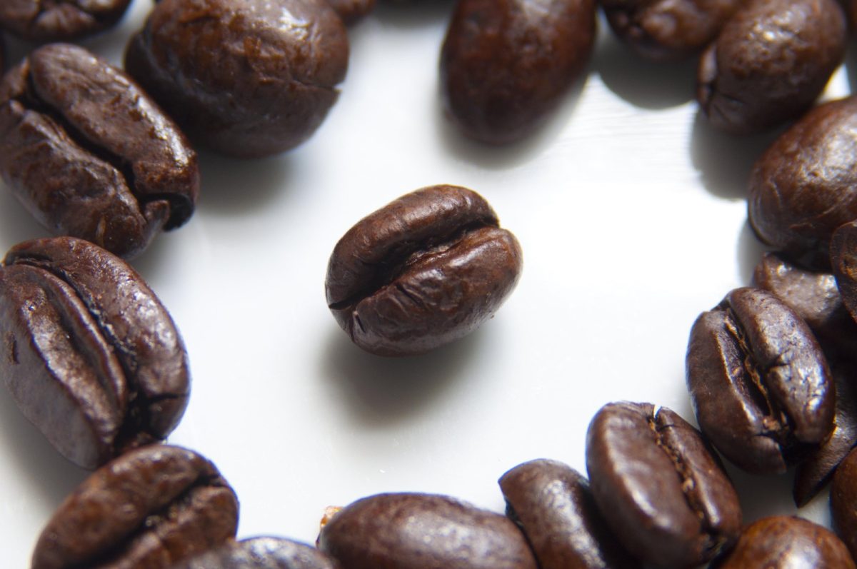 Primer plano macro de granos de café tostado, con uno en el centro enfocado sobre fondo claro