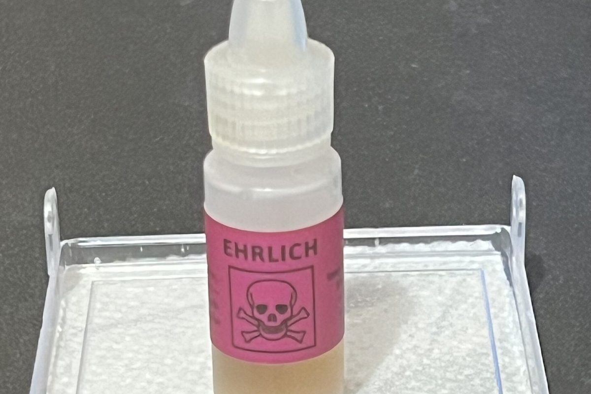 Frasco cuentagotas de reactivo Ehrlich junto a un fragmento de secante y una pastilla, usados para comprobar la composición de una sustancia