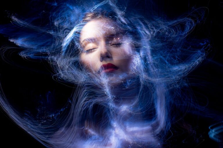 Woman with blue and white hair