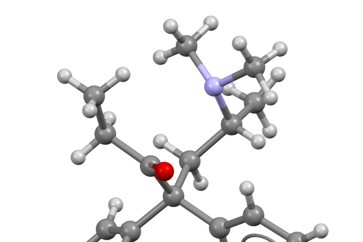 Modelo molecular en 3D de la metadona, basado en su estructura cristalina, sobre fondo negro