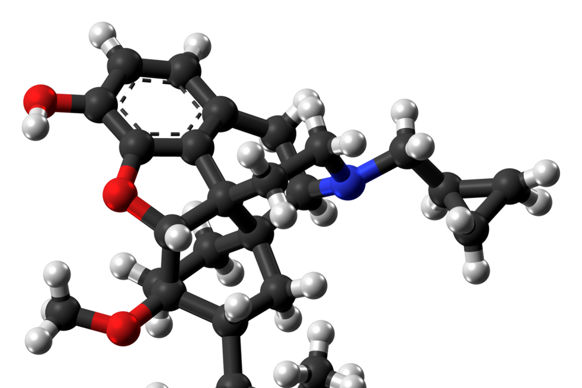 Modelo molecular en 3D de la buprenorfina, basado en su estructura cristalina, sobre fondo negro