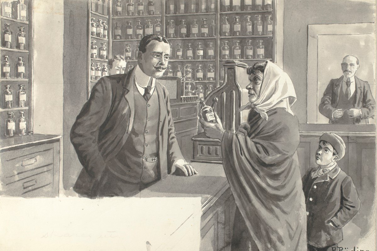 Ilustración a tinta de una farmacia sueca de 1911: un farmacéutico tras el mostrador junto a estanterías repletas de frascos de vidrio con medicamentos