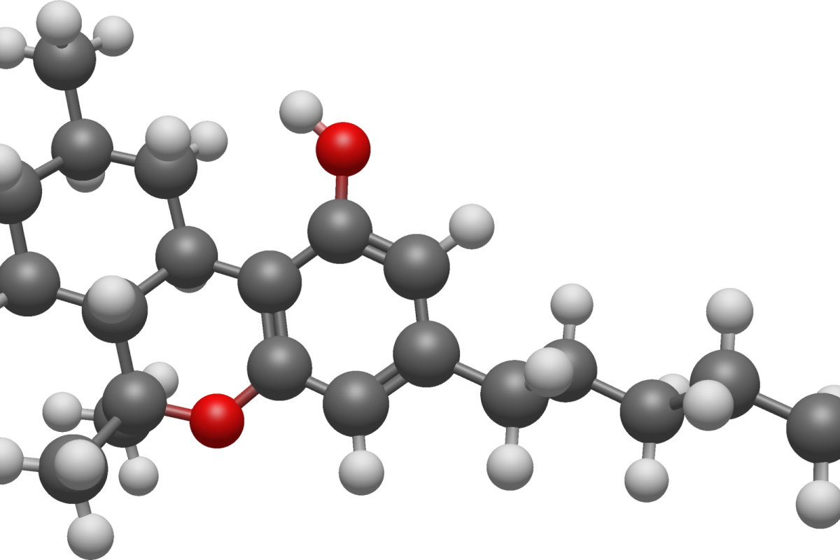 Modelo molecular en 3D de un cannabinoide semisintético, con átomos de carbono, hidrógeno y oxígeno representados como esferas de colores