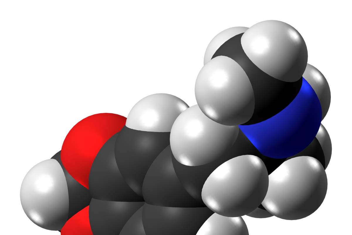 Modelo molecular en 3D de la MDMA, con átomos de carbono en gris, oxígeno en rojo, nitrógeno en azul e hidrógeno en blanco