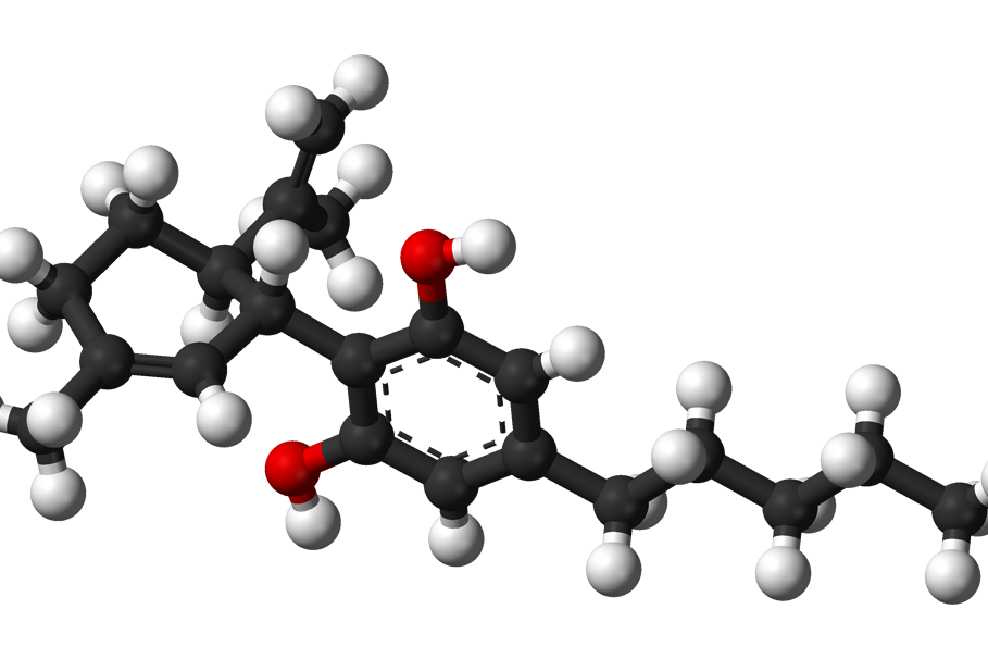 Modelo molecular en 3D del cannabidiol (CBD), con átomos de carbono, hidrógeno y oxígeno representados en esferas de colores
