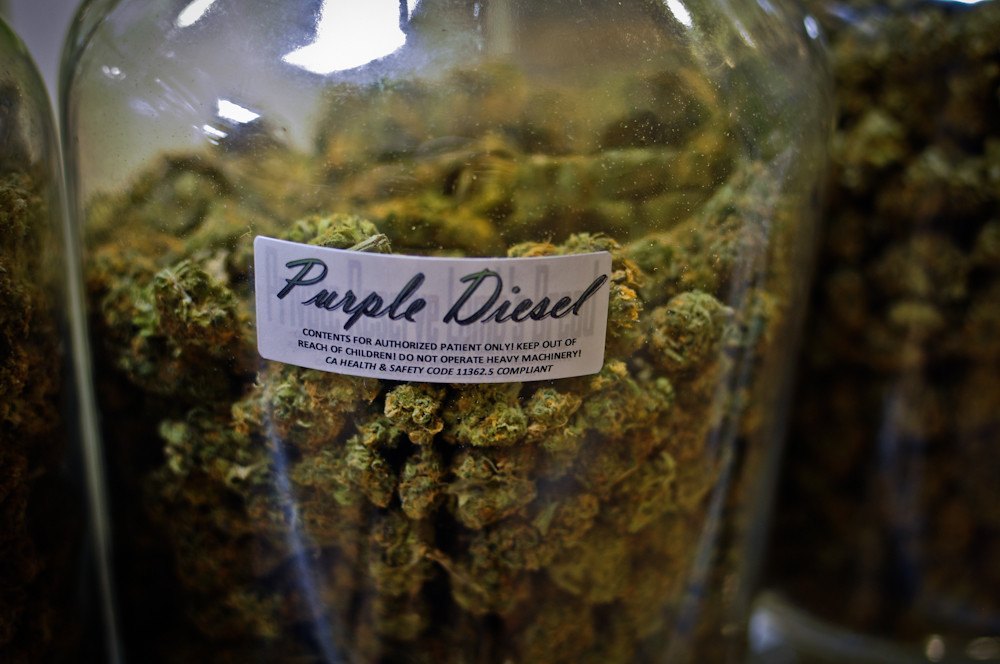 Tarro de cristal con flores de cannabis medicinal y una etiqueta que indica que es solo para paciente autorizado