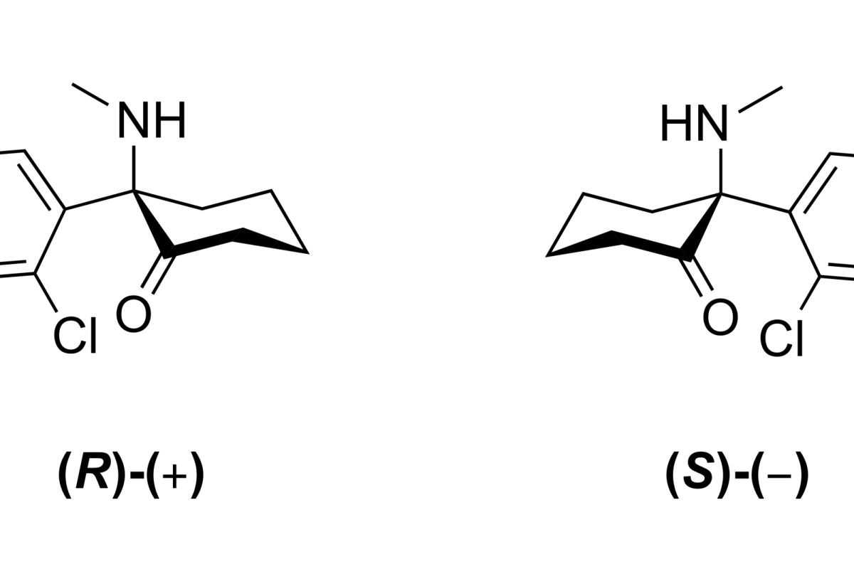 Diagrama de estructura molecular en 2D de la ketamina que muestra sus dos enantiómeros, (R)-(+) y (S)-(−), en trazo negro sobre fondo blanco.