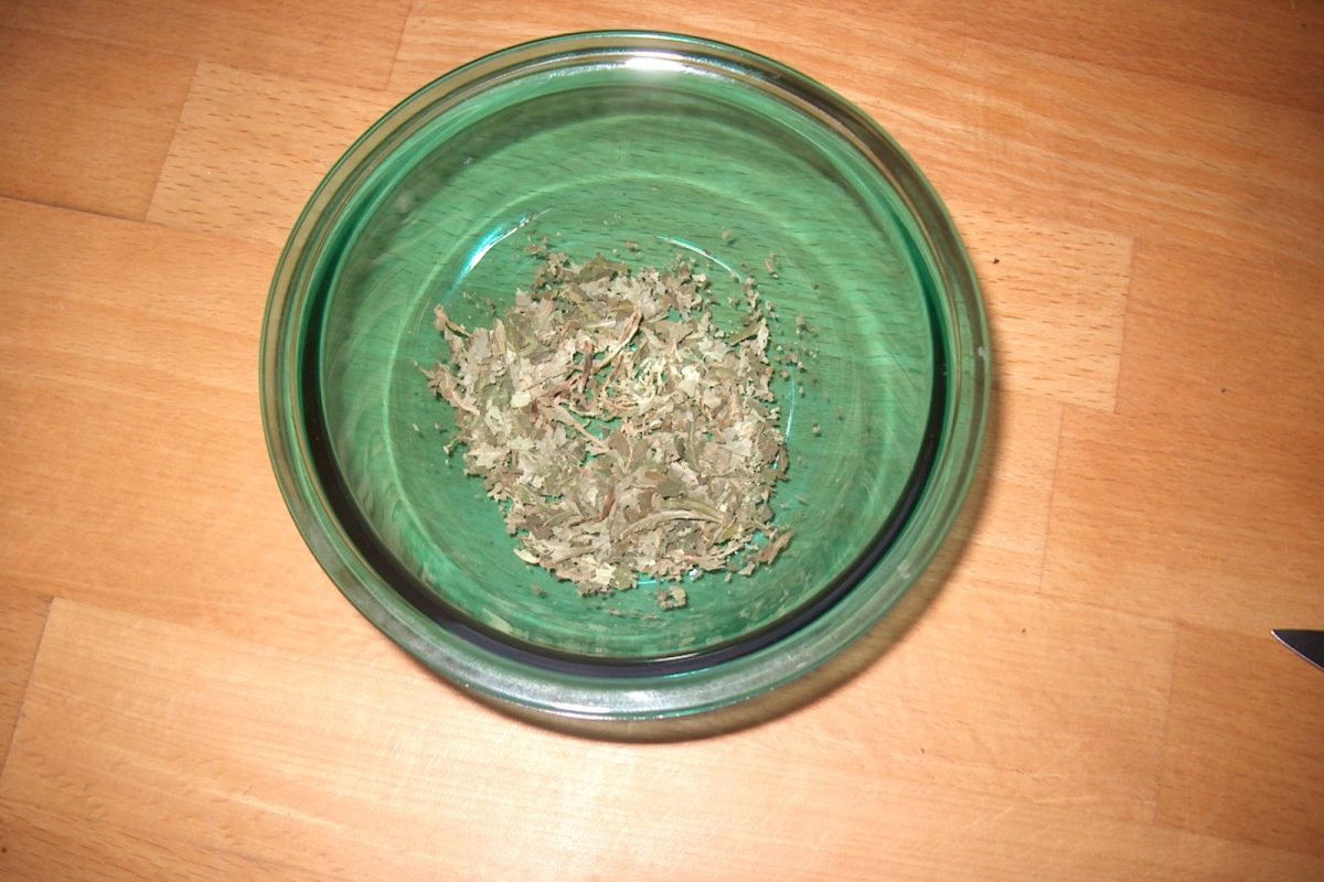 Hojas secas y trituradas de Salvia divinorum en un cuenco de cristal verde sobre una mesa de madera