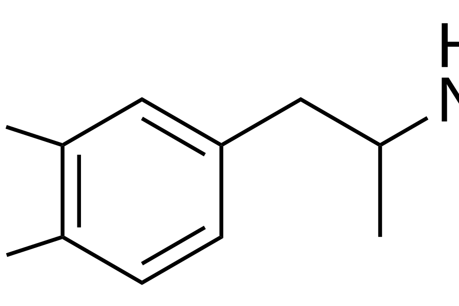 Estructura química esquelética en 2D de la molécula de MDMA (3,4-metilendioximetanfetamina), sobre fondo blanco.