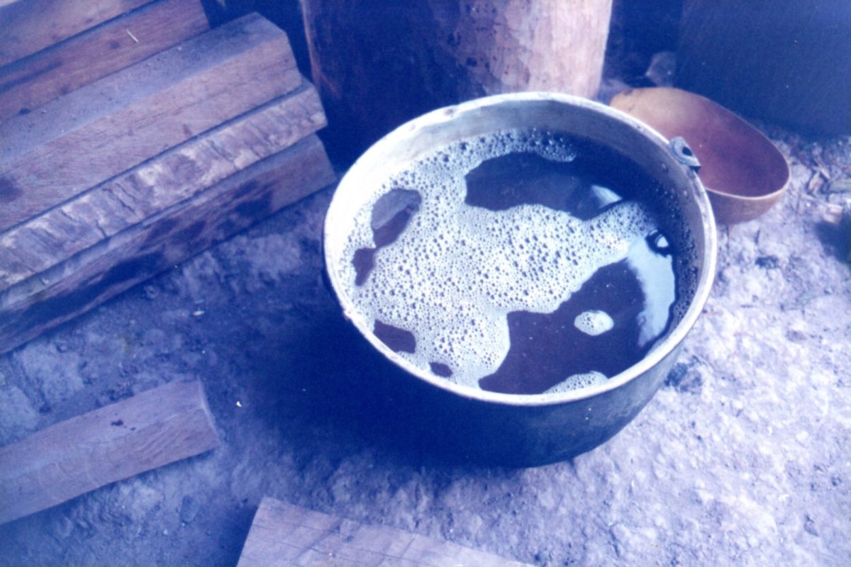 Olla con el brebaje de ayahuasca durante su coccion en la preparacion tradicional