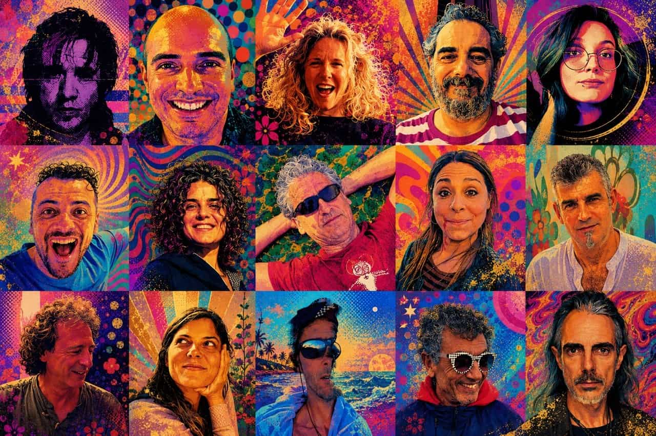 Collage con los participantes de Nexus 2026 en estética psicodélica