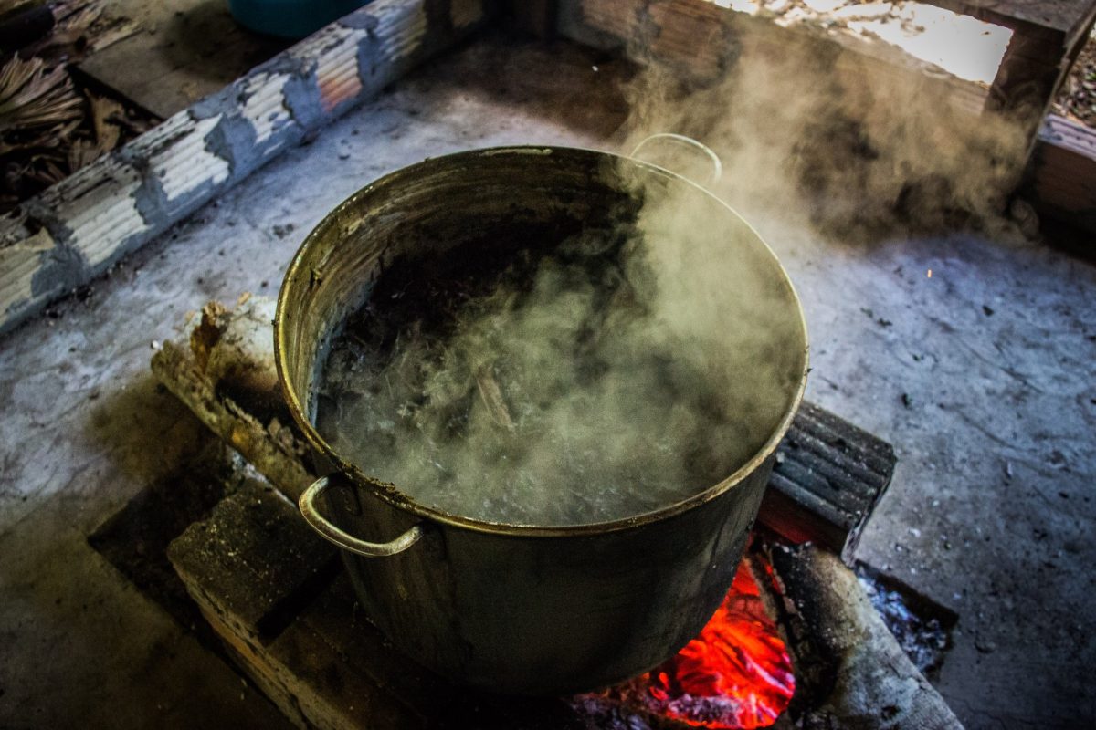 Olla metálica con la decocción de ayahuasca hirviendo sobre fuego de leña, con vapor denso saliendo del recipiente