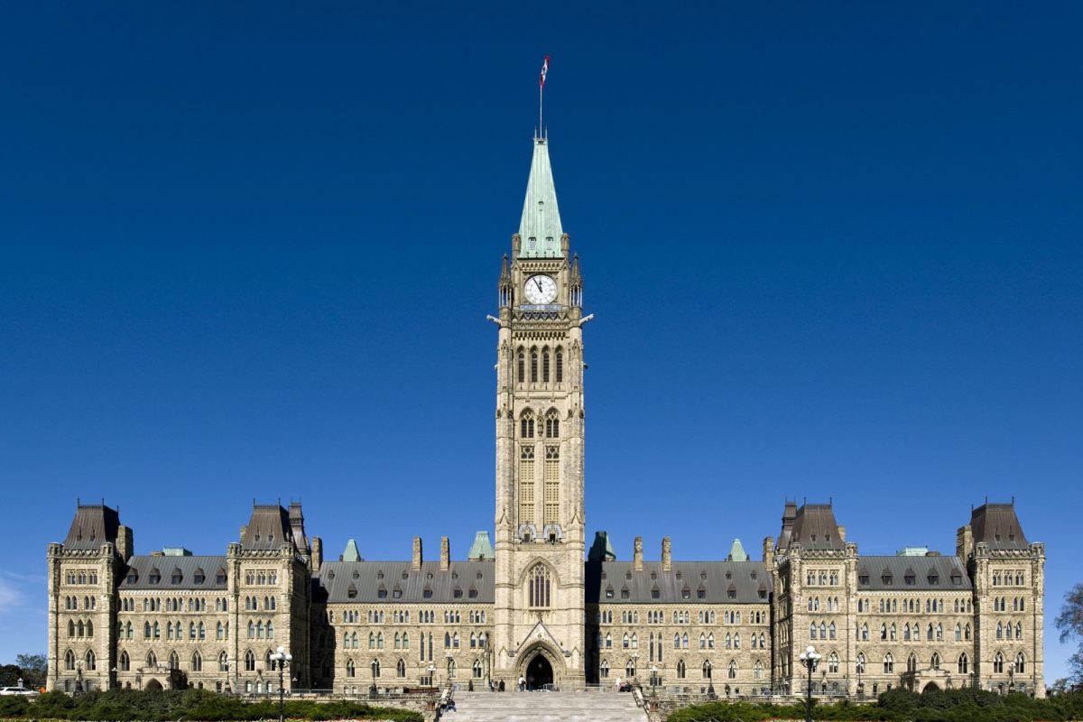 Bloque Central y Torre de la Paz del Parlamento de Canadá en Ottawa bajo un cielo azul