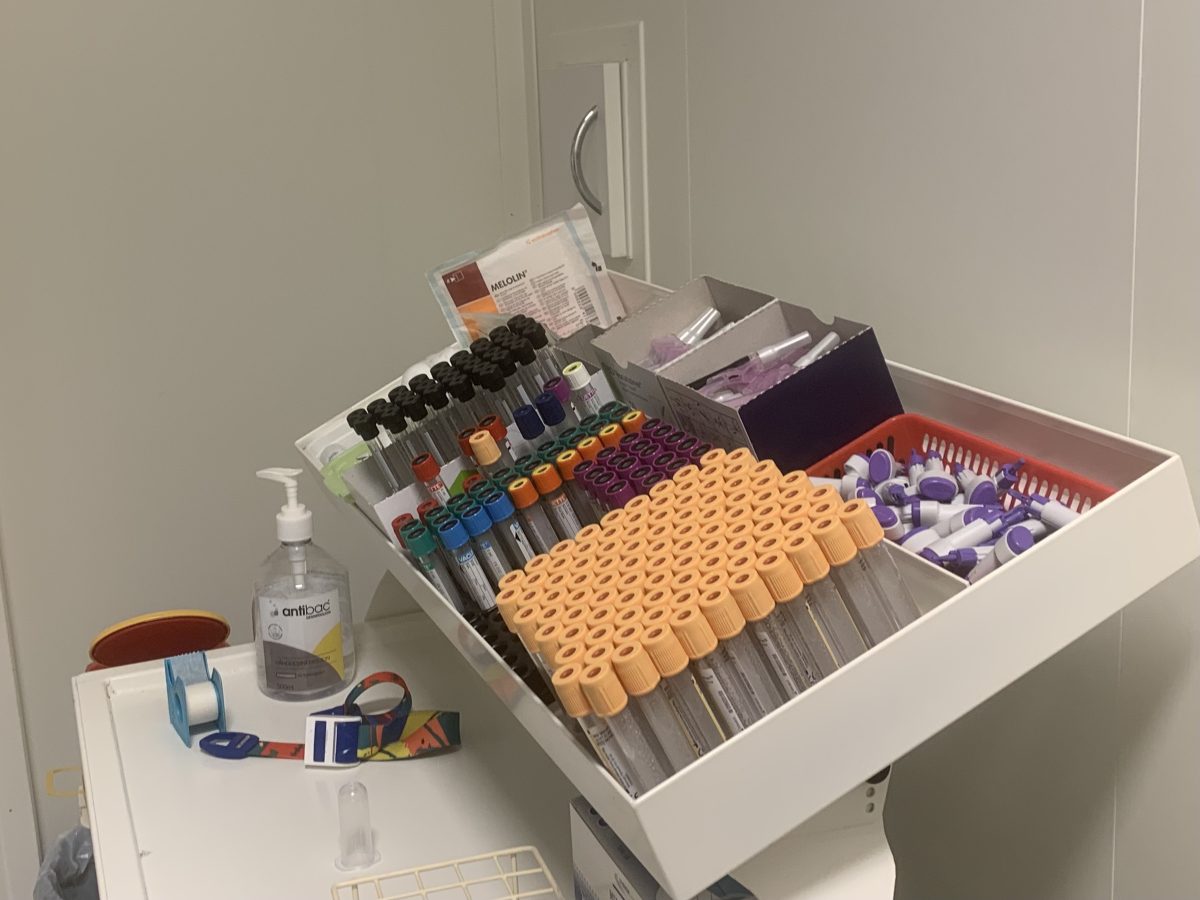 Blood-testing equipment at a health centre in Norway, per the file description; illustrative image