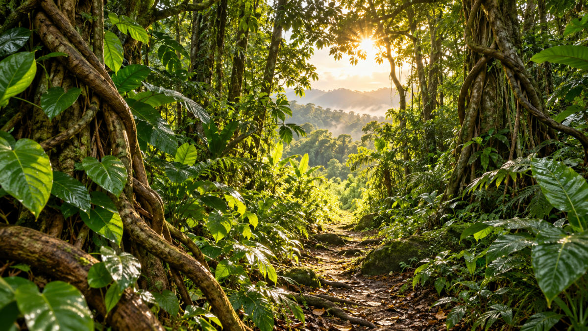 Ilustración generada con IA de un sendero entre lianas y vegetación tropical iluminado por el sol.